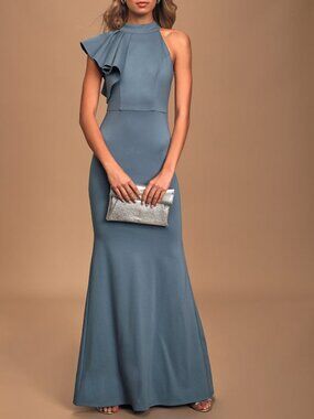 Lulus Margaux Slate Blue One-shoulder Maxi Dress - Size XS
